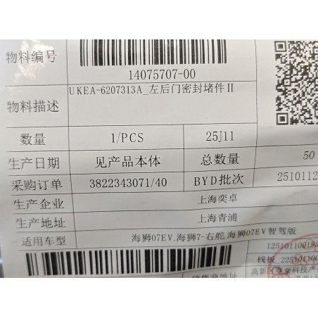 Bouchon de fermeture de la porte arrière gauche II - BYD - 14075707-00