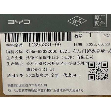 Panneau de porte arrière droite - Brun - BYD - 14395331-00