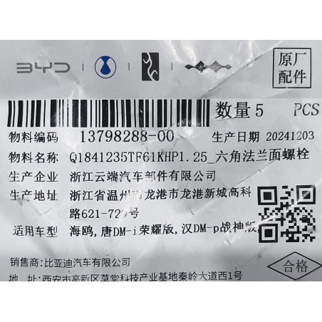 Boulon à bride hexagonale - BYD - 13798288-00