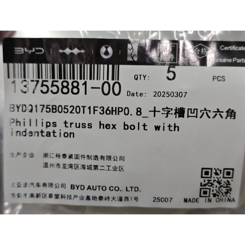 Boulon six pans - BYD - 13755881-00