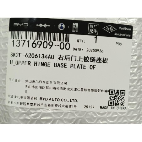 Platine de charnière supérieure de porte arrière droite - BYD - 13716909-00