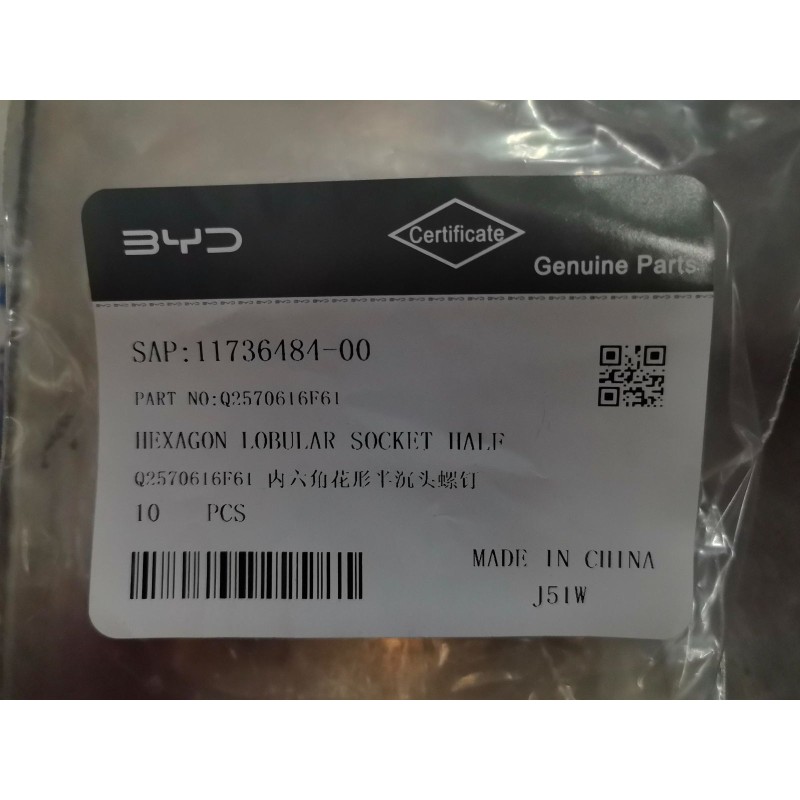 Vis à tête fraisée demi-chape encastrée hexagonale lobulaire - BYD - 11736484-00
